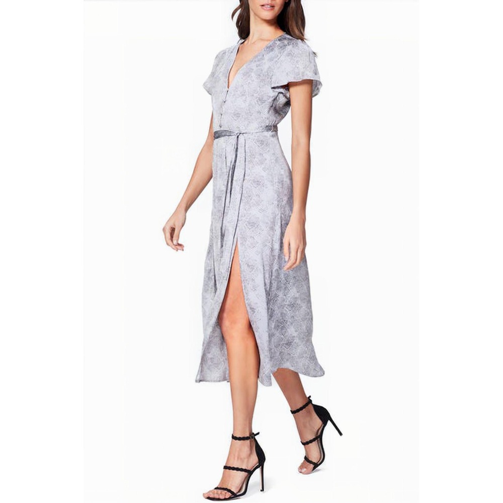 Paige Alayna Silver Snakeskin Print V-Neck Flutter Sleeve Midi Dress XS